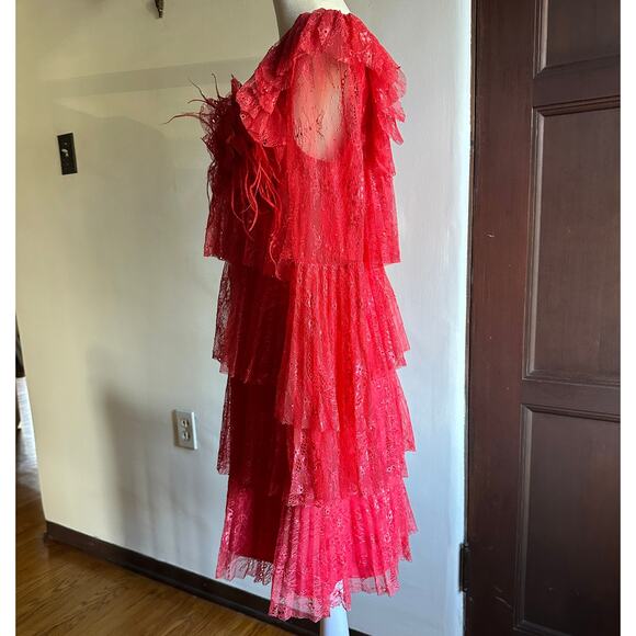 BADGLEY MISCHKA | Pink Red Tiered Pleated Lace Bell Sleeve Dress | Size 2 - Picture 7 of 8